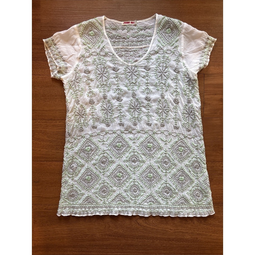 Johnny Was XS Sheer Embroidered Tunic Blouse Mint Gray Geometric Boho Top